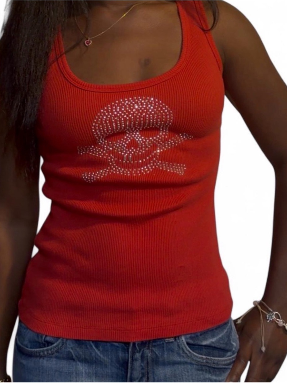 Red Ribbed Tank with Rhinestone Skull - Women's - Picture 2 of 3